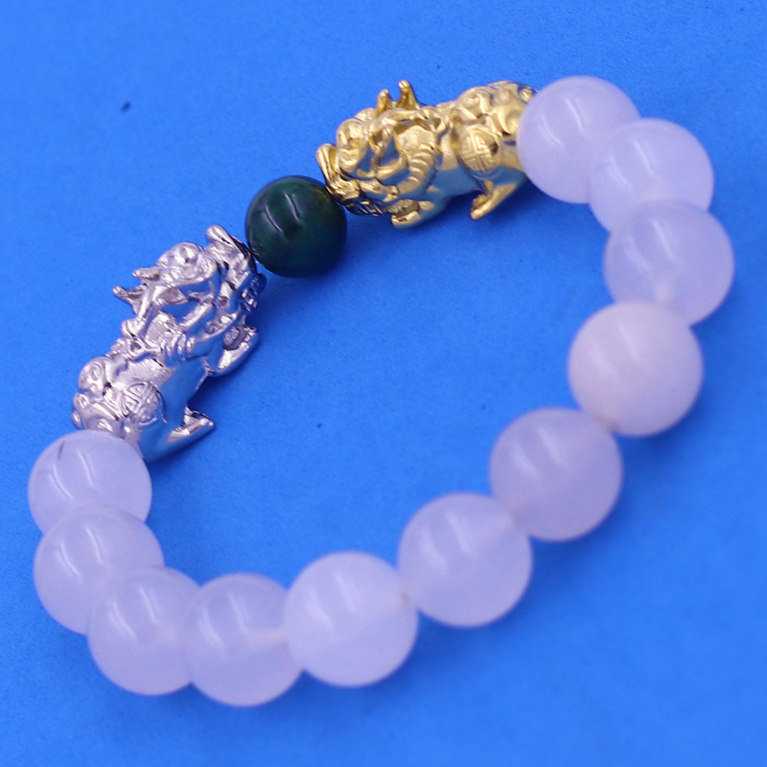 Vòng chuỗi đeo tay đa thạch anh trắng 12 ly charm tỳ hưu đôi inox trắng và vàng, vòng chuỗi phong thủy, charm tỳ hưu, vòng tay hạt chuỗi