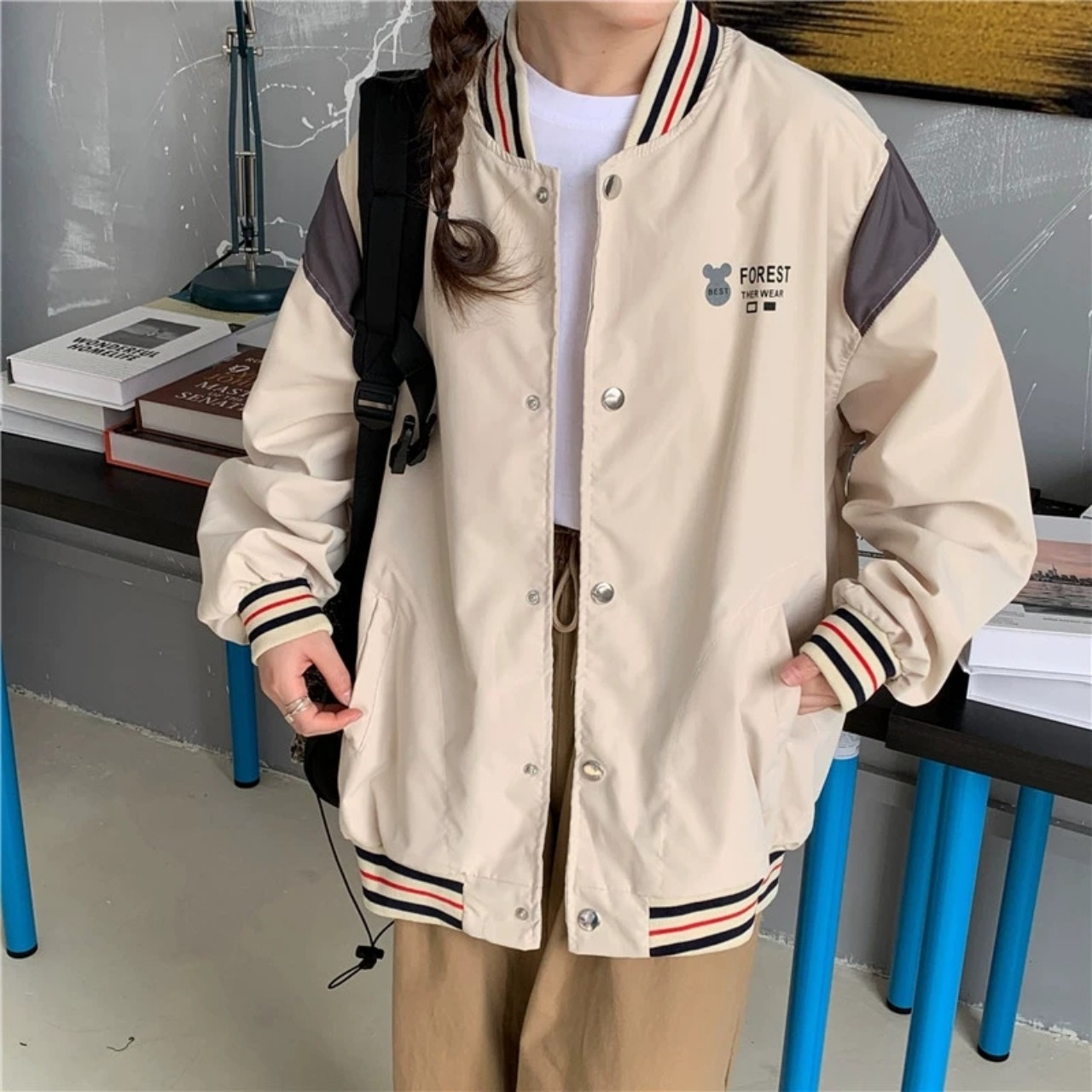 Áo Khoác Bomber FOREST Thêu Gấu Vải Dù 2 Lớp Form Rộng Ulzzang Unisex