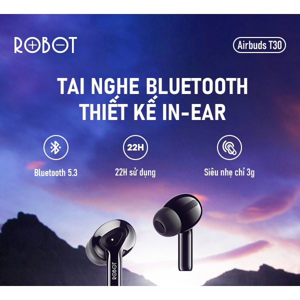 Tai Nghe Bluetooth ROBOT Airbuds T30 Thiết Kế In-Ear Chống Nước Cảm Ứng Thông Minh - Hàng Chính Hãng 