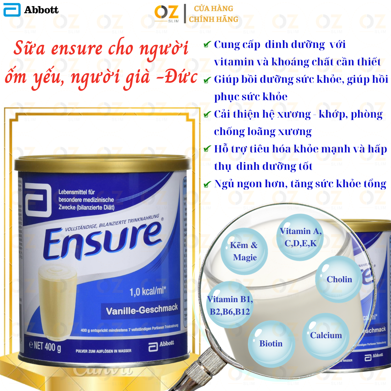 Hình ảnh Ensure Đức cho người lớn tuổi Ensure Vanille-Geschmask Cung cấp dinh dưỡng giúp hồi phục sức khỏe cho người gầy yếu, suy dinh dưỡng - OZ Slim Store