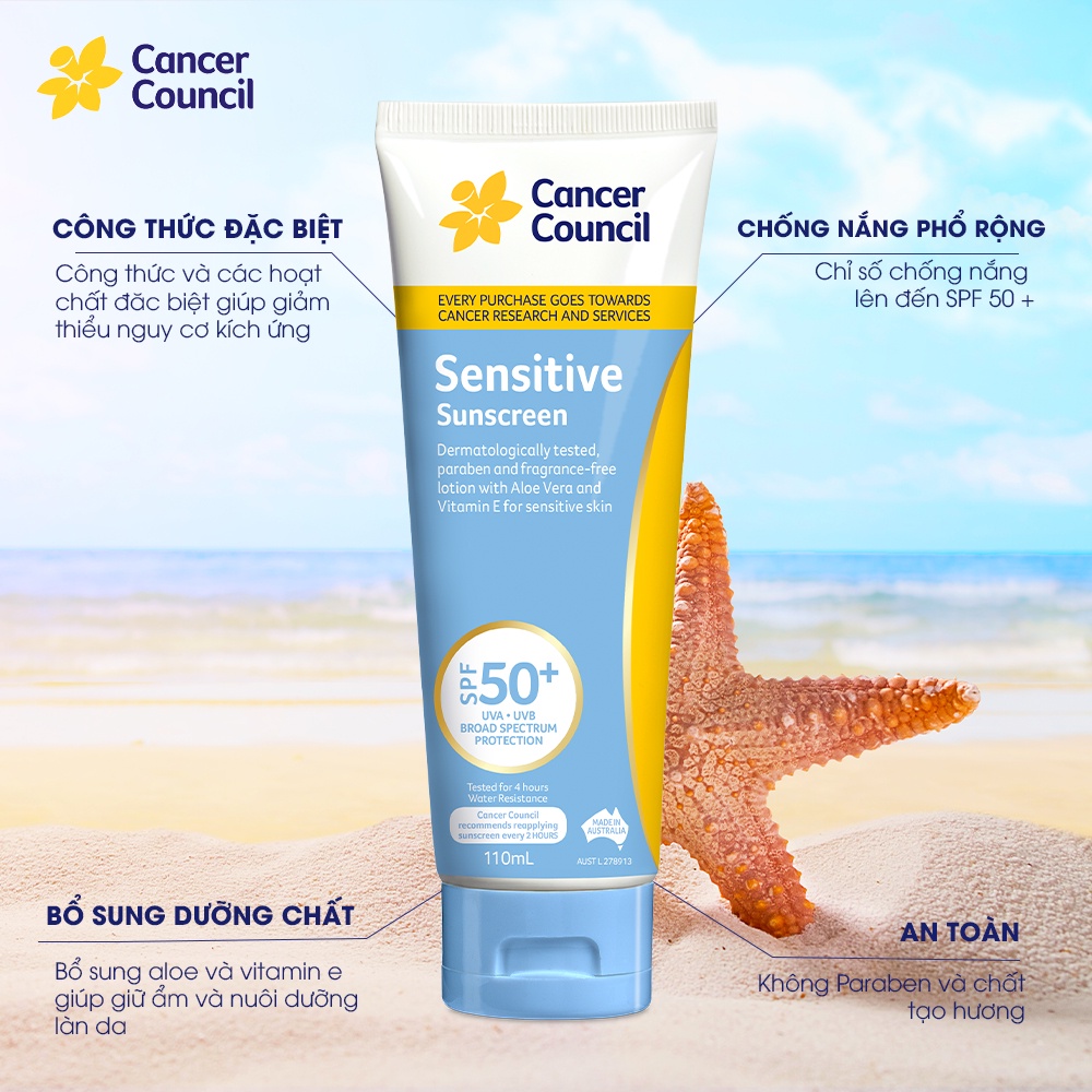 Kem Chống Nắng Cancer Council Sensitive Dành Cho Da Nhạy Cảm SPF50+ 110ml