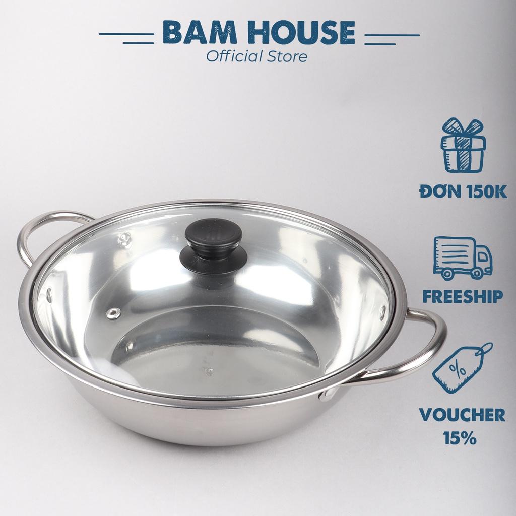 Nồi lẩu inox dày Bam House loại lớn 26cm có nắp kính cao cấp NL26 – Gia dụng bếp