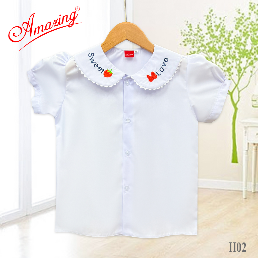 Áo cổ sen bigsize cho bé gái cấp 1 đi học, tay phồng, nhiều mẫu thêu cổ dễ thương, vải kate silk thấm hút mồ hôi