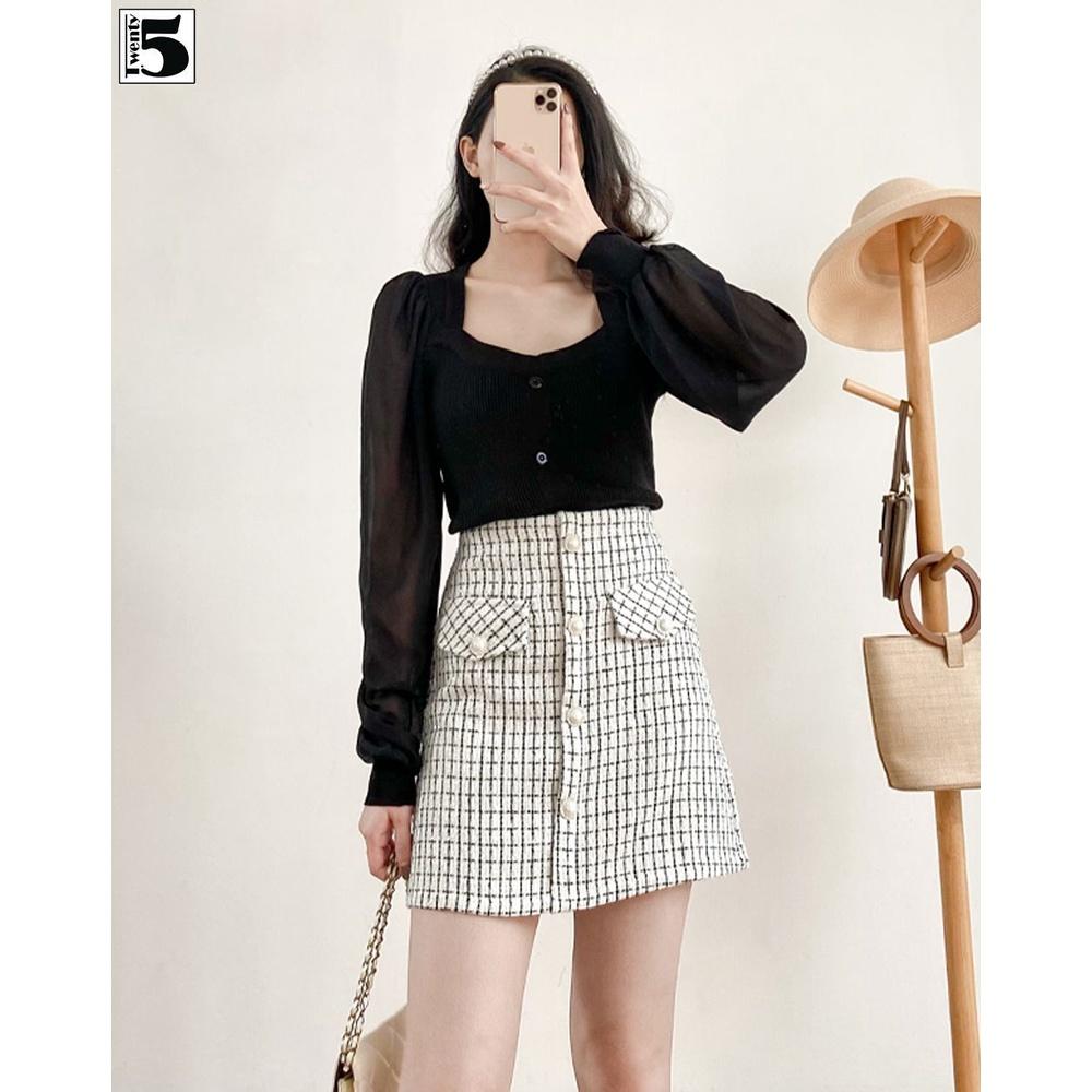 Chân váy dạ tweed chữ A cúc ngọc nắp túi giả Twentyfive 3888
