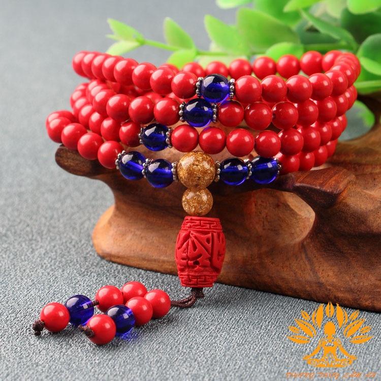 VÒNG TAY ĐÁ TRẦM SAN HÔ TÂY TẠNG CHUỖI 108 HẠT NGŨ SẮC ĐÃ KHAI QUANG MAY MẮN TẶNG KÈM HỘP GẤM CAO CẤP