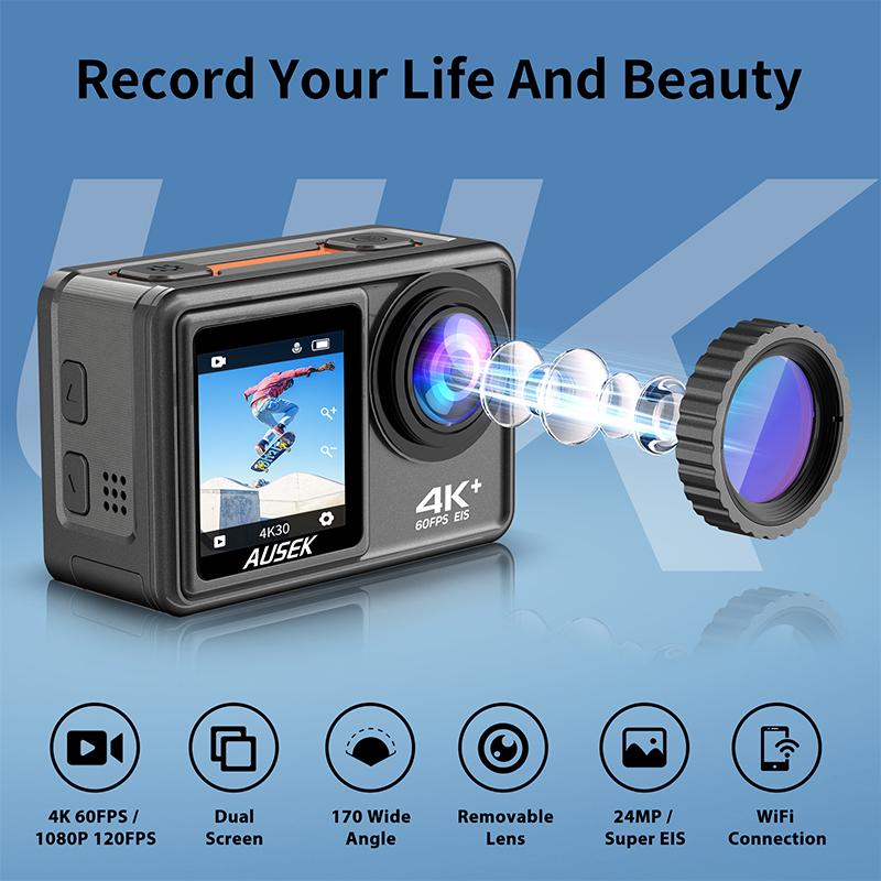 2022 Camera hành động dưới nước mới nhất 4K60fps Camera thể thao Màn hình cảm ứng 24MP Quay quay video 40M Máy ảnh chống thấm nước 40m