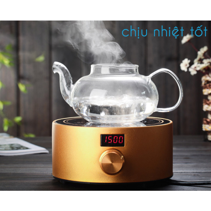 Combo bộ ấm chén pha trà thủy tinh chịu nhiệt kèm khay trà gồm ấm có lõi lọc thủy tinh 6 chén trà 2 lớp và 1 đế nến châm trà và 1 khay đựng bằng gỗ tre - Hàng chính hãng
