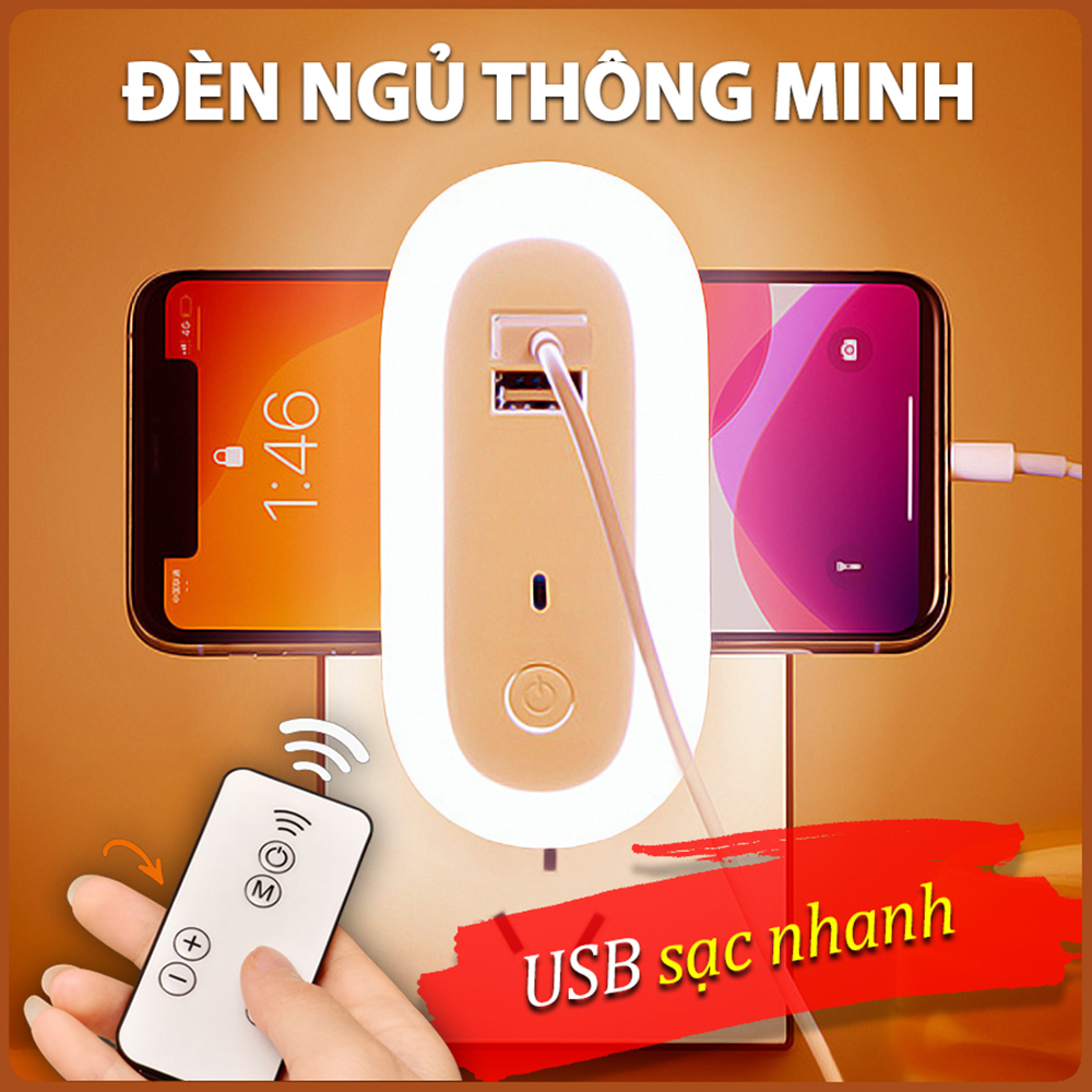 Đèn ngủ Oval cắm điện 10 cấp độ sáng có remote - đèn ngủ thông minh - hẹn giờ - 2 cổng USB sạc nhanh mới 2021