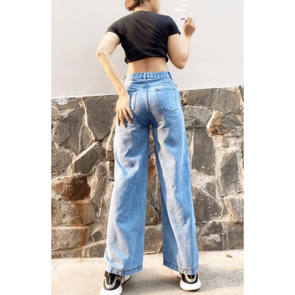 Quần Jeans Nữ Ống Rộng Lưng Cao Túi Xéo Dáng Suông