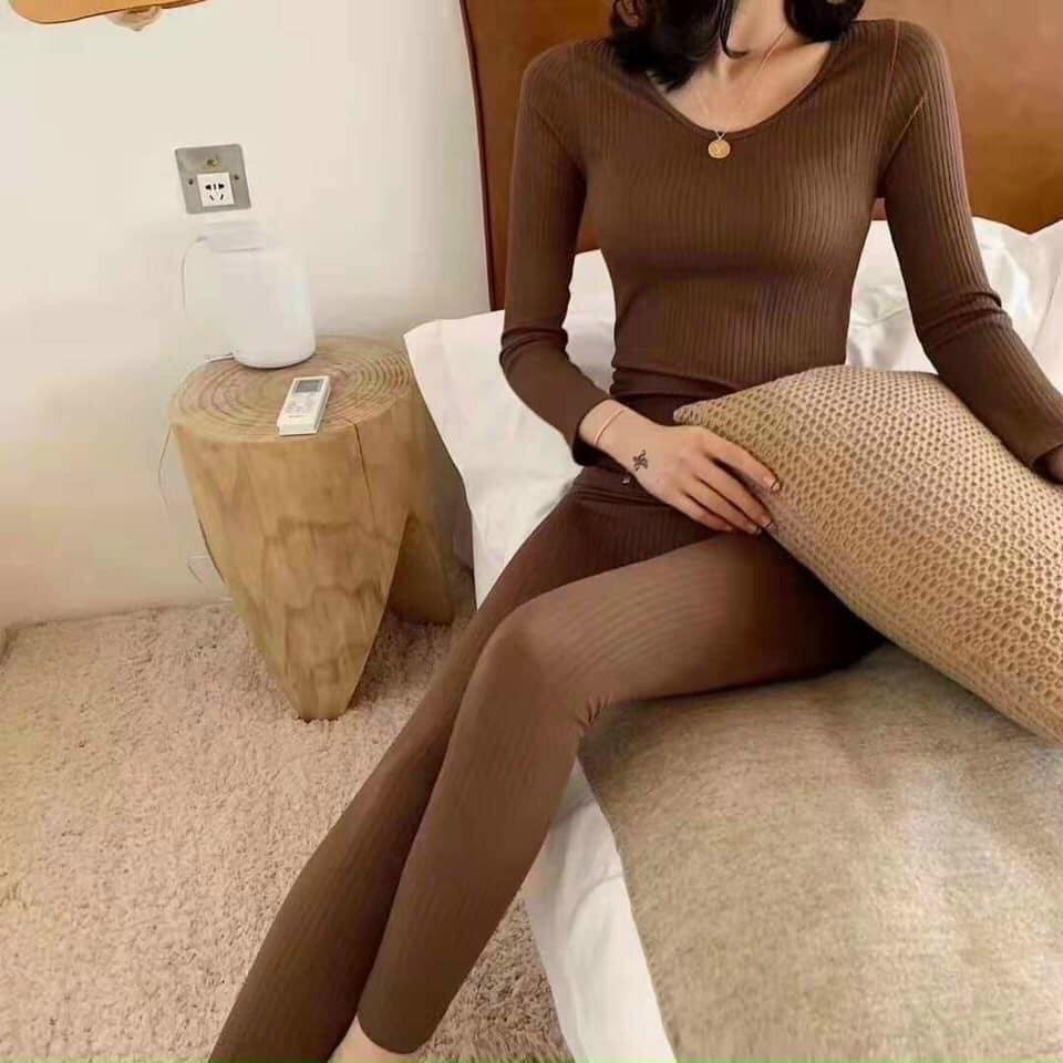 Bộ đồ ngủ cotton giữ nhiệt, tăm thu đông nữ, bộ ngủ ở nhà ấm áp co giãn 4 chiều.