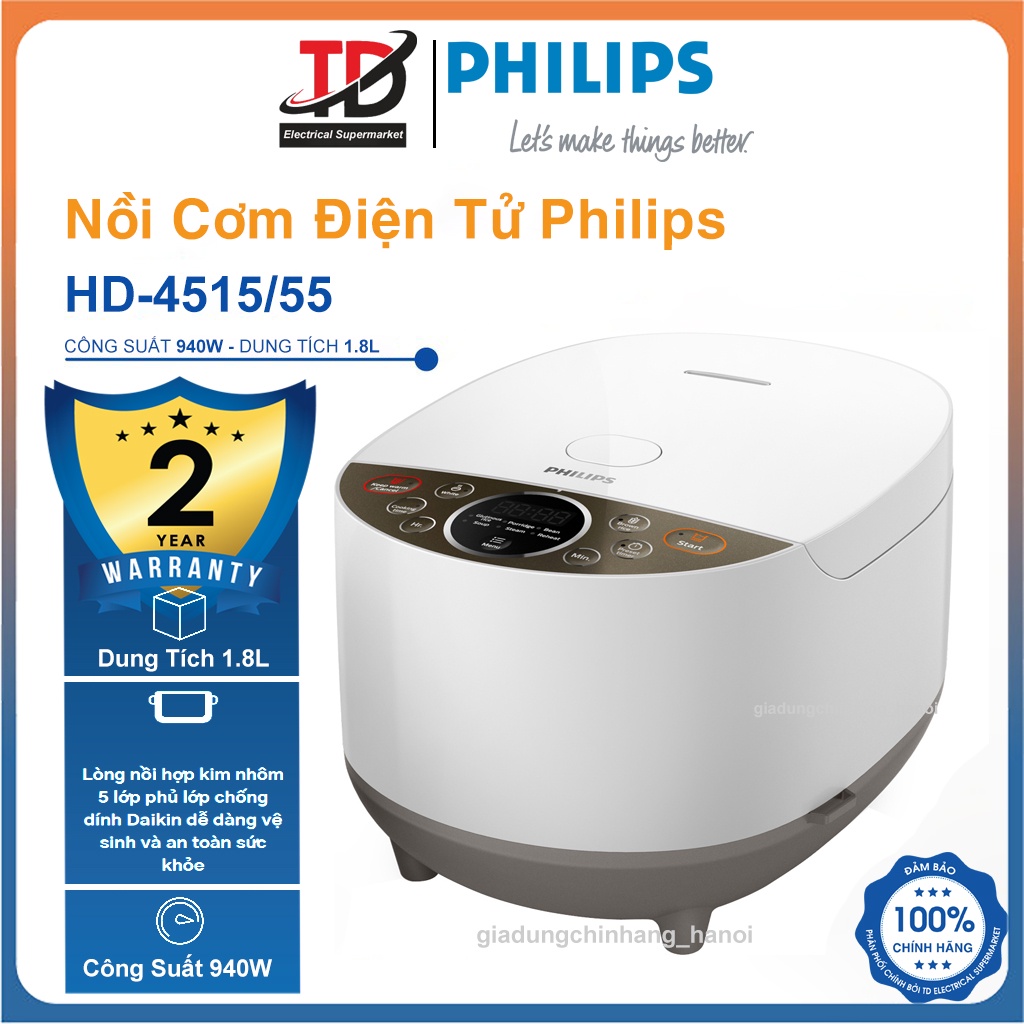 Nồi Cơm Điện Tử Philips HD4515, Lòng Nồi 5 Lớp Siêu Dày - Công Suất 940W - Dung Tích 1.8L, Hàng Chính Hãng