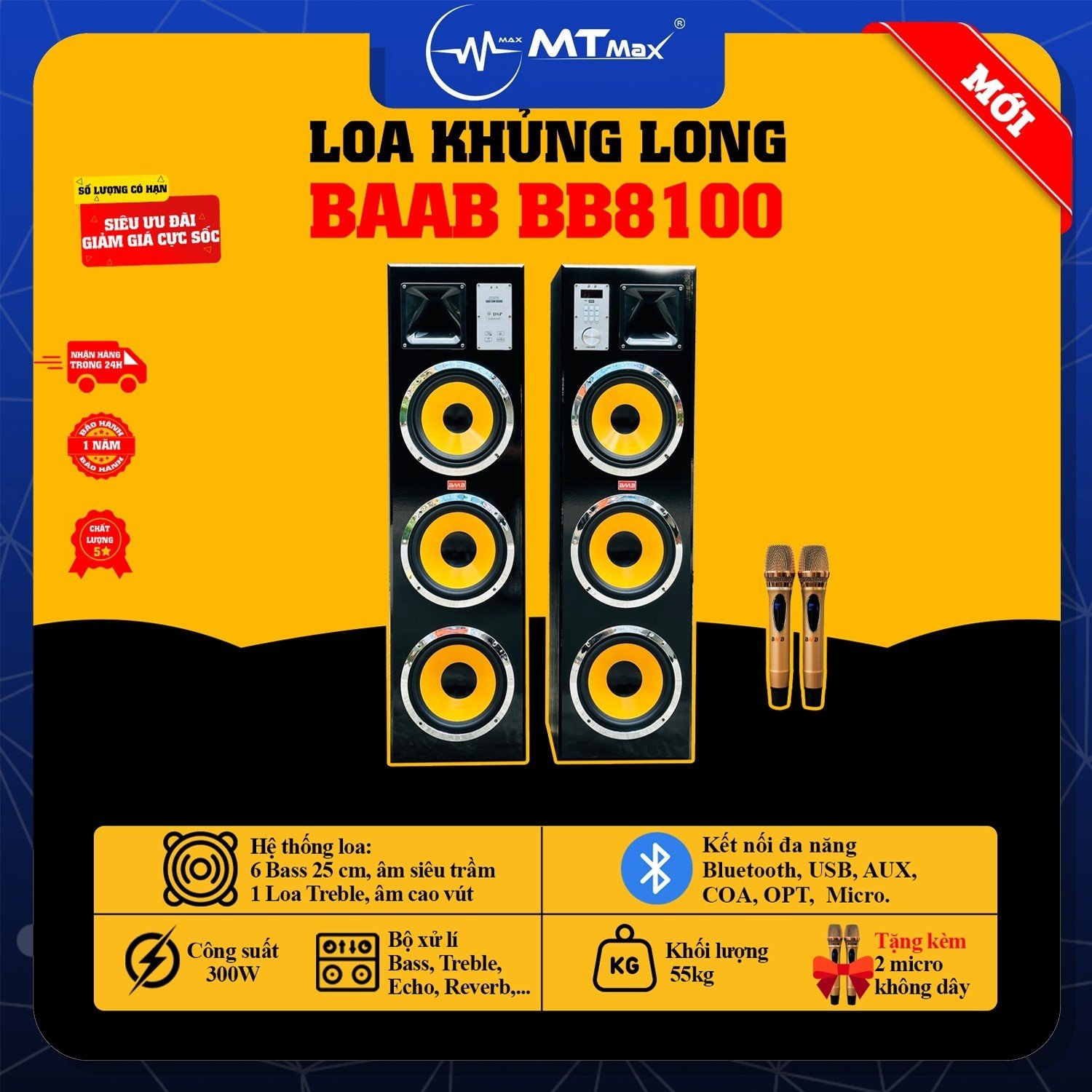 Loa Karaoke BB8100 - Dàn Loa Khủng Long Công Suất 300W, Âm Thanh Tuyệt Đỉnh, Công Nghệ Xử Lí Âm Thanh Trong Trẻo, Bảo Hành 12 Tháng, Tặng Kèm Micro Không Dây Cao Cấp. Hàng Chính Hãng