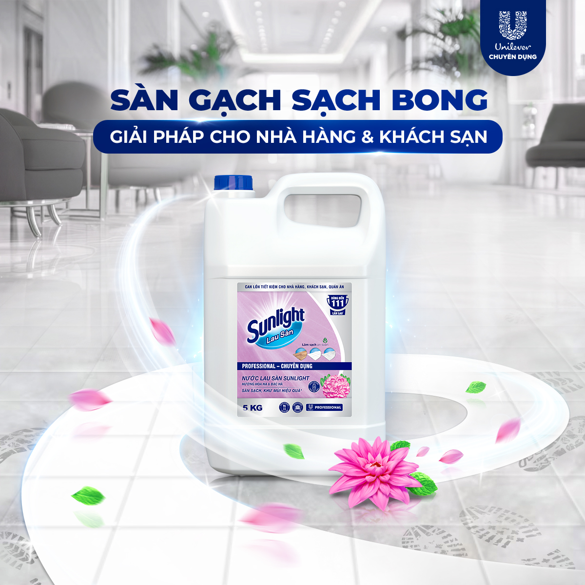 Nước Lau Sàn Sunlight Chuyên Dụng Cho Nhà Hàng Khách Sạn Hương Hoa Hạ & Bạc Hà – 5kg