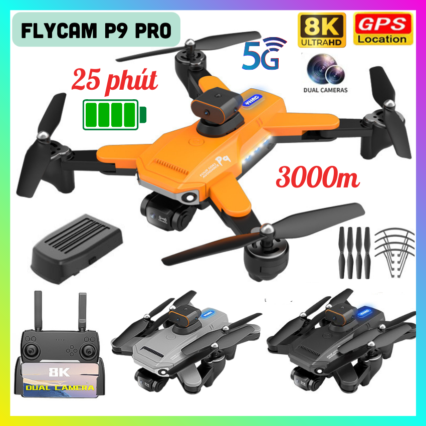 Máy bay flycam P9 pro Camera 4k Có Cảm biến vật cản 4 chiều, tự động tránh vật cản, Truyền hình ảnh trực tiếp về điện thoại, giữ thăng bằng, thời gian bay 25 phút, tầm xa 2000m