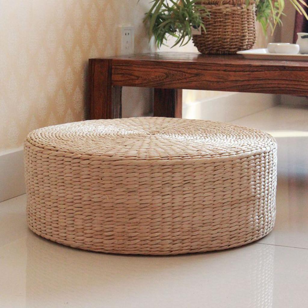 2x Natural Woven Straw Cushion Cattail Pillow Floor Mat Round Braided Flat Pad Handmade Straw Woven Yoga Mat Flat Seat Cushion 40cm Dia