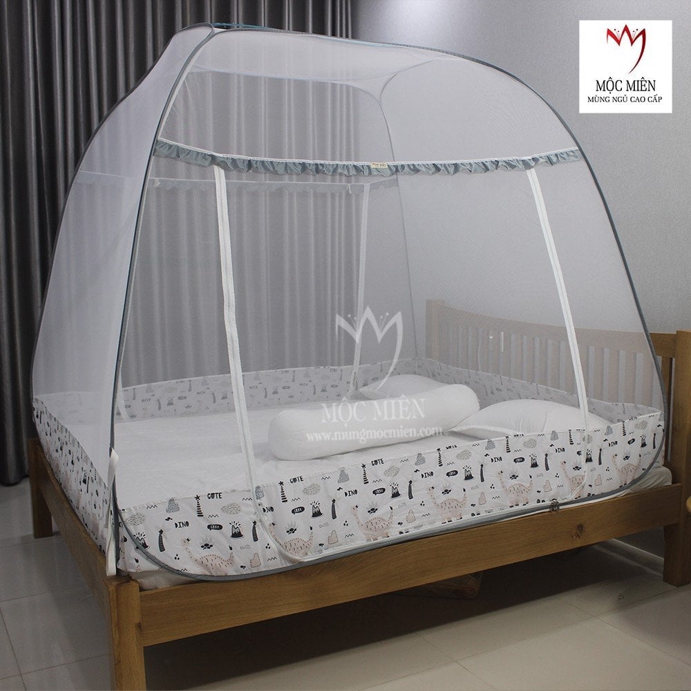 Mùng Chụp Màn Chụp Tự Bung Đỉnh Rộng Cao Cấp Mộc Miên Có Viền Chân -2 Cửa Mẫu Xám Khủng Long