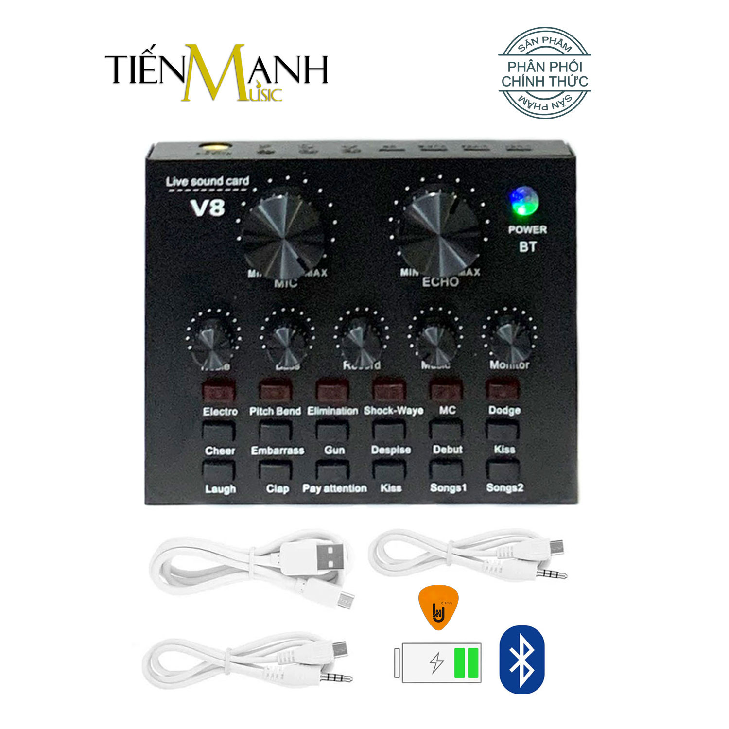 Sound Card Thu Âm Thanh, Livestream, Hát Karaoke Cuvave V8 - Bluetooth, Pin Sạc USB Audio Interface Soundcard V-8 Hàng Chính Hãng - Kèm Móng Gẩy DreamMaker