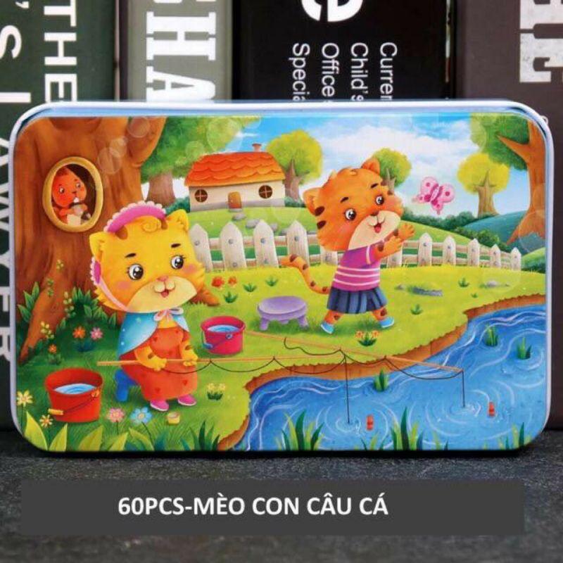 Xếp hình cho bé puzzle 60 mảnh ghép hộp sắt nhiều mẫu chất lượng cao