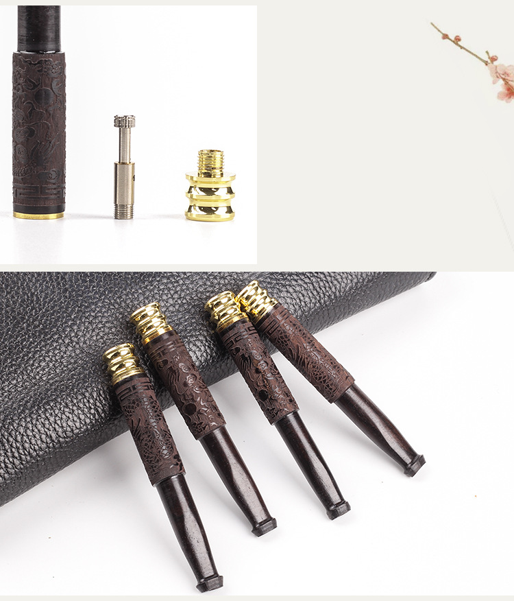 Tẩu thuốc gỗ mun khảm khoa văn siêu đẹp sang trọng cao cấp - tặng kèm 1 dụng cụ vệ sinh tẩu
