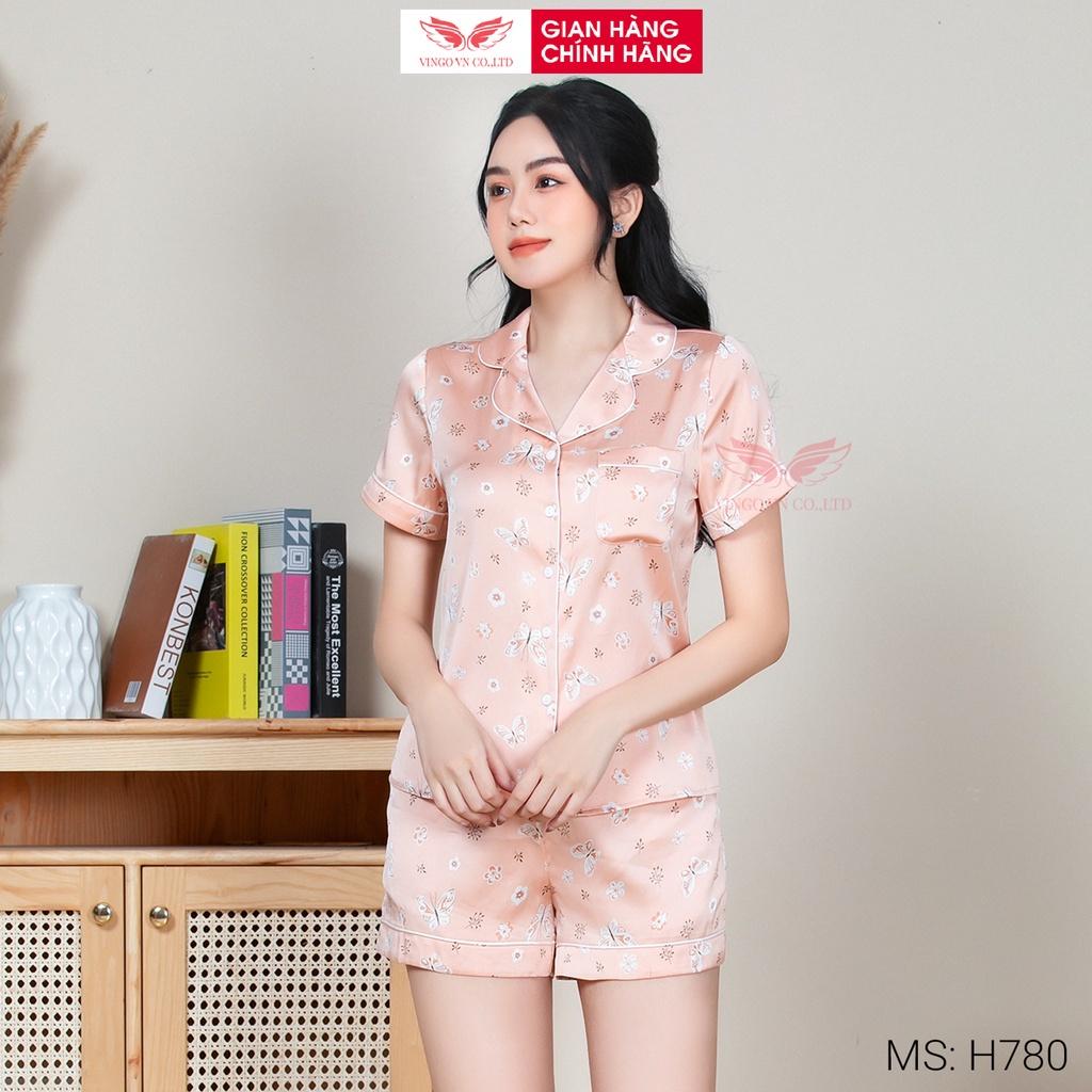 Đồ bộ nữ mặc nhà Pijama VINGO lụa Gấm mềm tay ngắn quần cộc họa tiết bướm trắng và hoa mặc mùa Hè thoải mái H780 VNGO