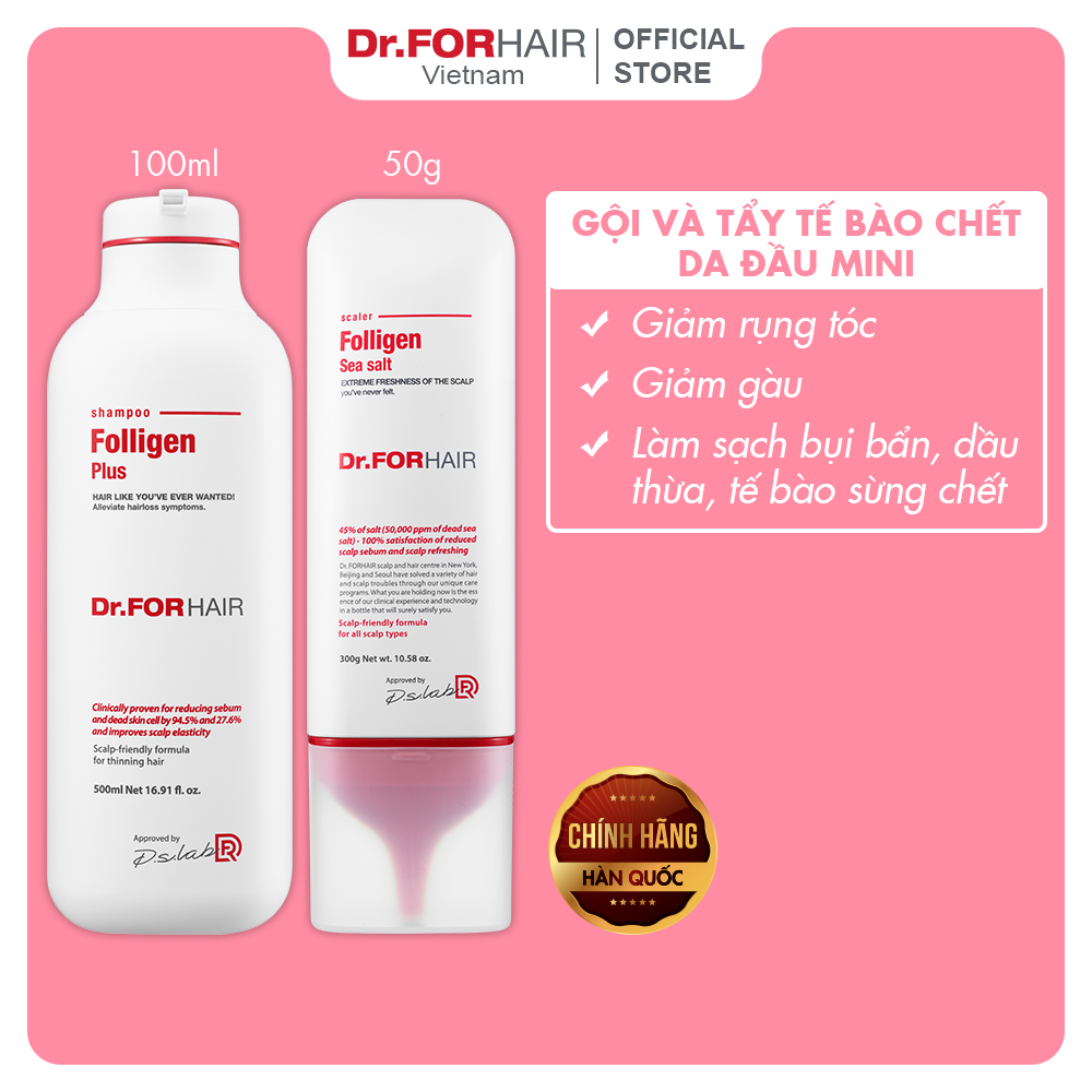 Combo Dầu Gội Đầu Giảm Rụng Tóc Folligen Plus Shampoo 500ml Và Muối Tẩy Tế Bào Chết Da Đầu Sea Salt Scaler 300g