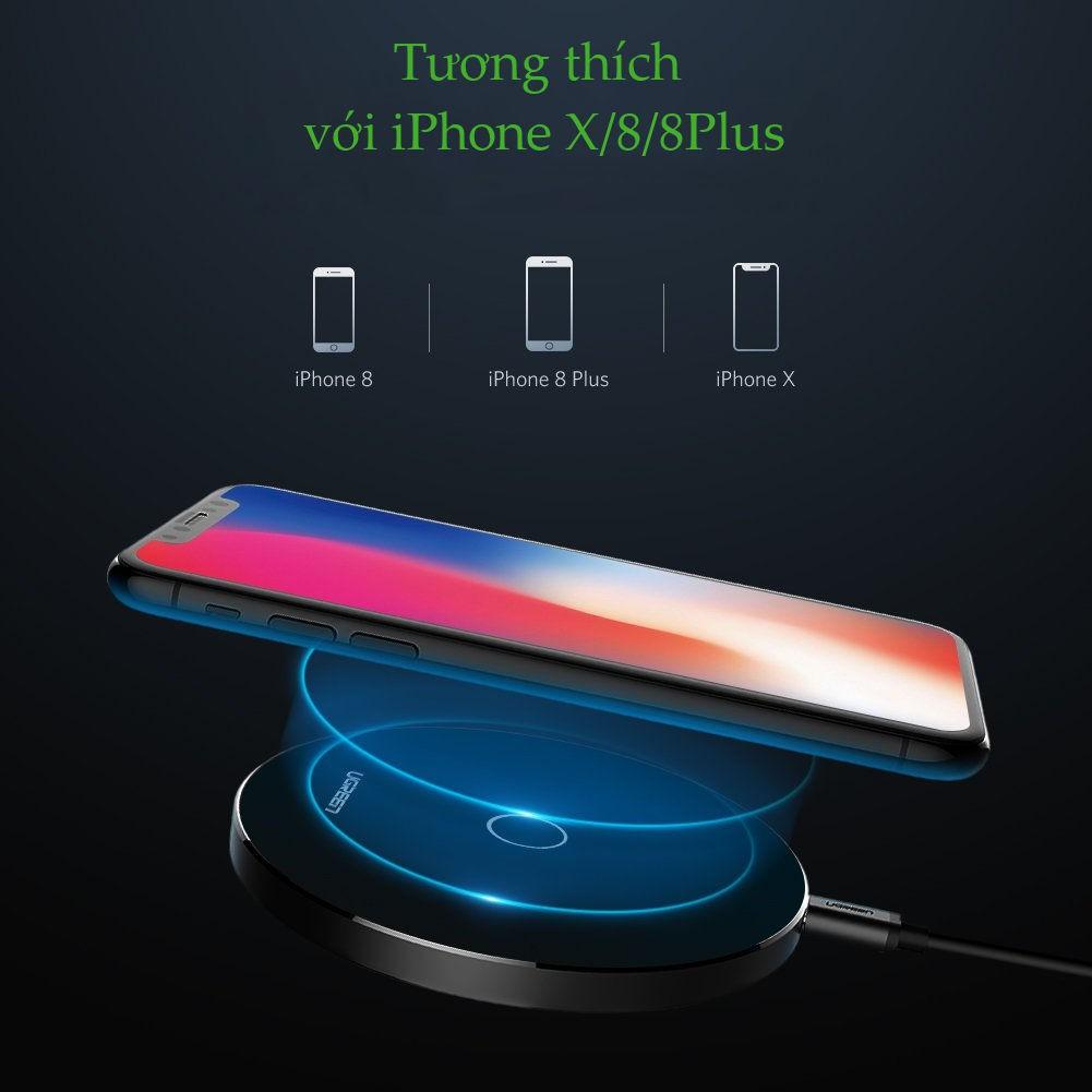 Sạc nhanh không dây, thông minh UGREEN CD181 50572 cho iPhone 8/8+/X/XS/XS max/XR (7.5W/10W), hỗ trợ cả khi có vỏ ốp - hàng chính hãng