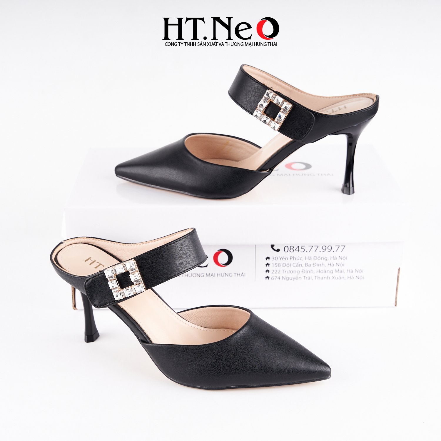 SANDAL nữ HT.NEO mũi nhọn quai đính đá vuông, gót nhọn, kiểu dáng đơn giản, nhẹ nhàng SDN167