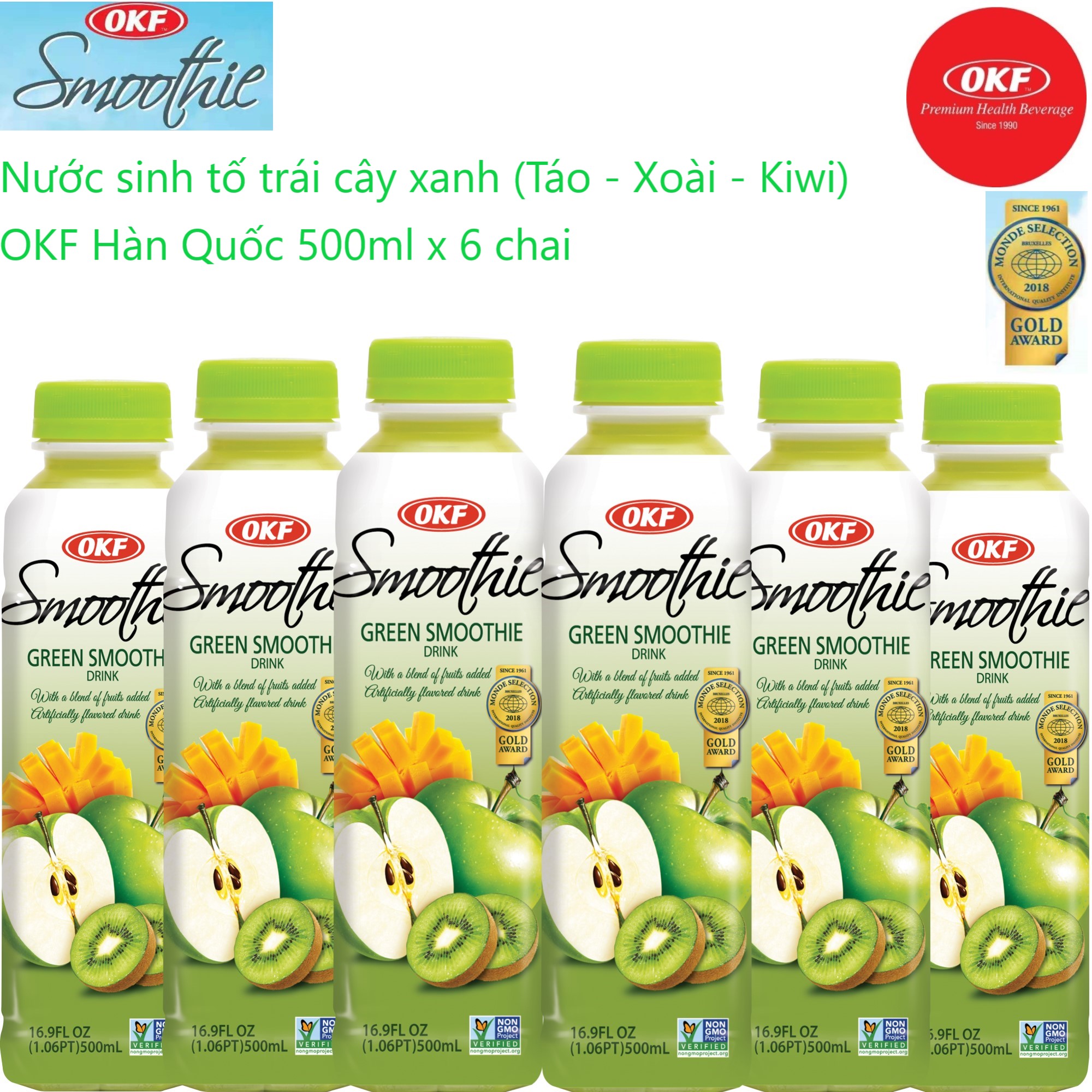 Nước sinh tố trái cây xanh (Táo - Xoài - Kiwi) OKF Hàn Quốc 500ml x 6 chai