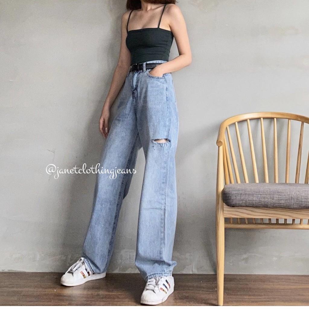 Quần jean ống rộng dài bigsize lưng cao Ulzzang rách hông QJ002