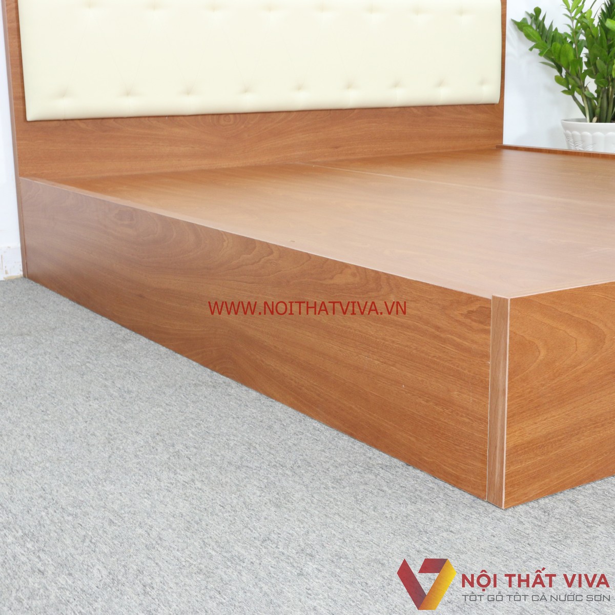 Giường Ngủ Gỗ MDF Melamine Màu Xoan Đào Có Đầu Nệm Kem Đẹp