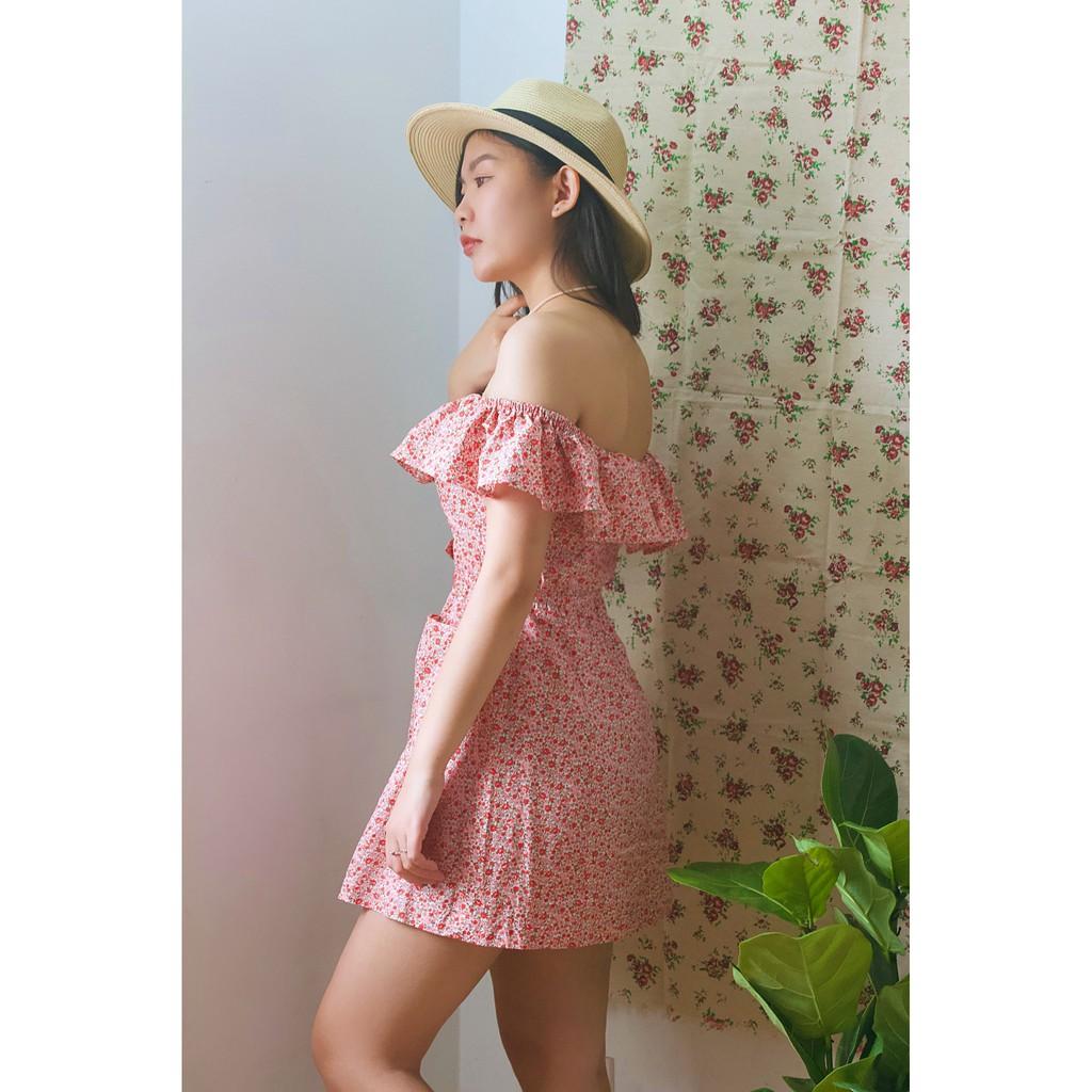 OLALASTUDIO Đầm trễ vai bèo đỏ + túi Freya Red