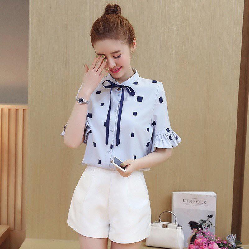 Áo sơ mi nữ cổ trụ nơ xinh xắn tay lỡ -áo sơ mi nữ tay điệu