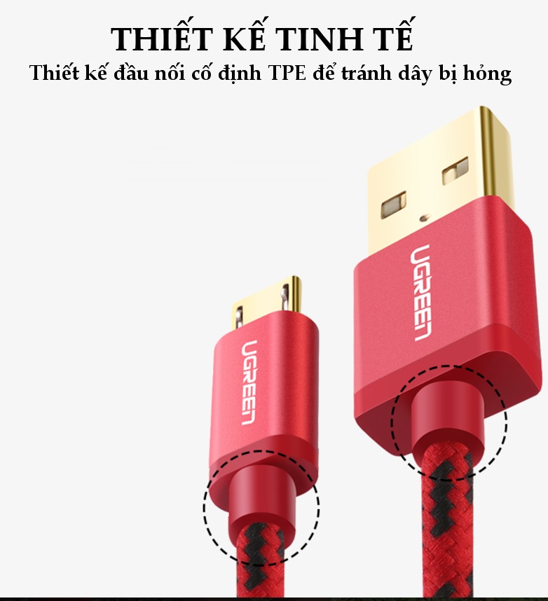 Cáp sạc và truyền dữ liệu Micro USB sang USB 2.0 vải dù bọc nilon bền đẹp dài 2m UGREEN 40459 - Hàng chính hãng