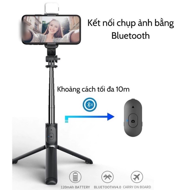 Gậy tự sướng chụp hình quay video chống rung 3 chân có đèn trợ sáng điều khiển từ xa xoay nhiều góc độ loại tốt