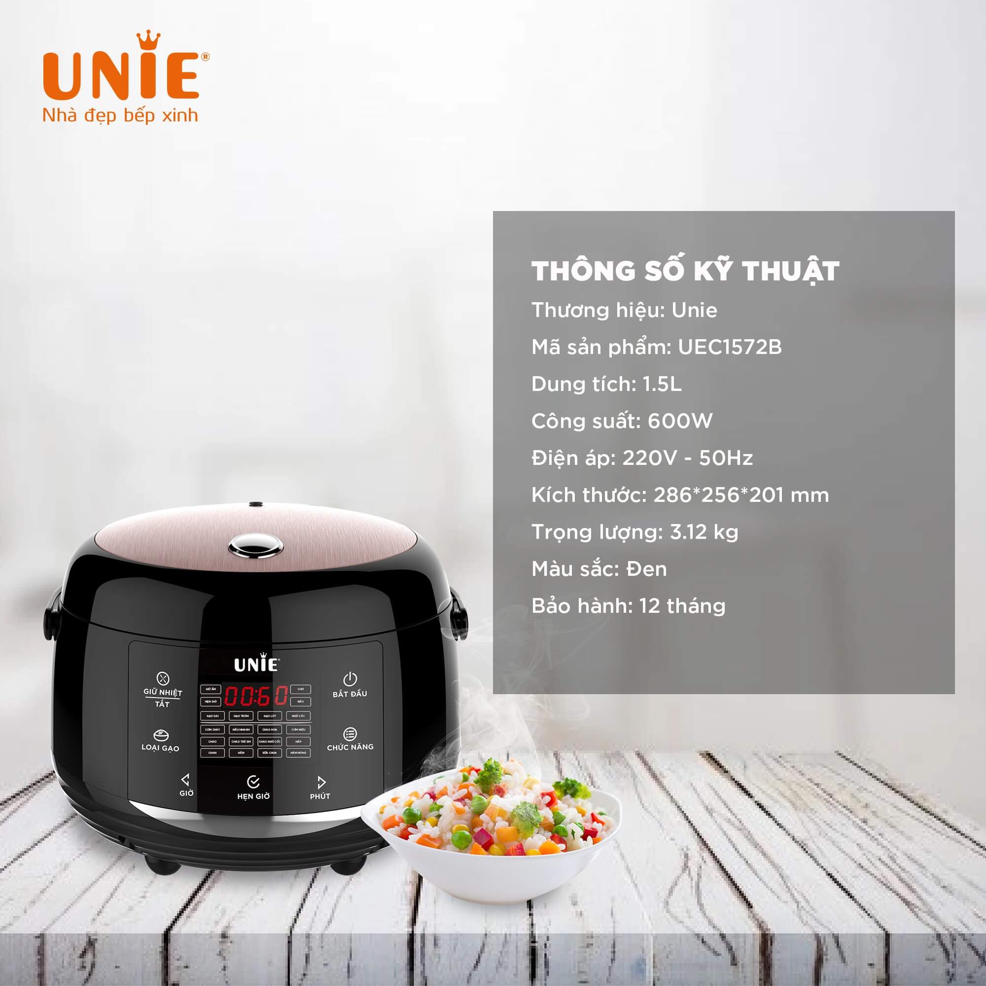 Nồi Cơm Điện Đa Năng UNIE UEC1572B Sang Trọng Tiêu Chuẩn Đức, Gồm 16 Chương Trình Nấu Dung Tích 1.5 Lít, Dùng Cho Gia Đình 3-4 Người Công Suất 600 W - Hàng Chính Hãng