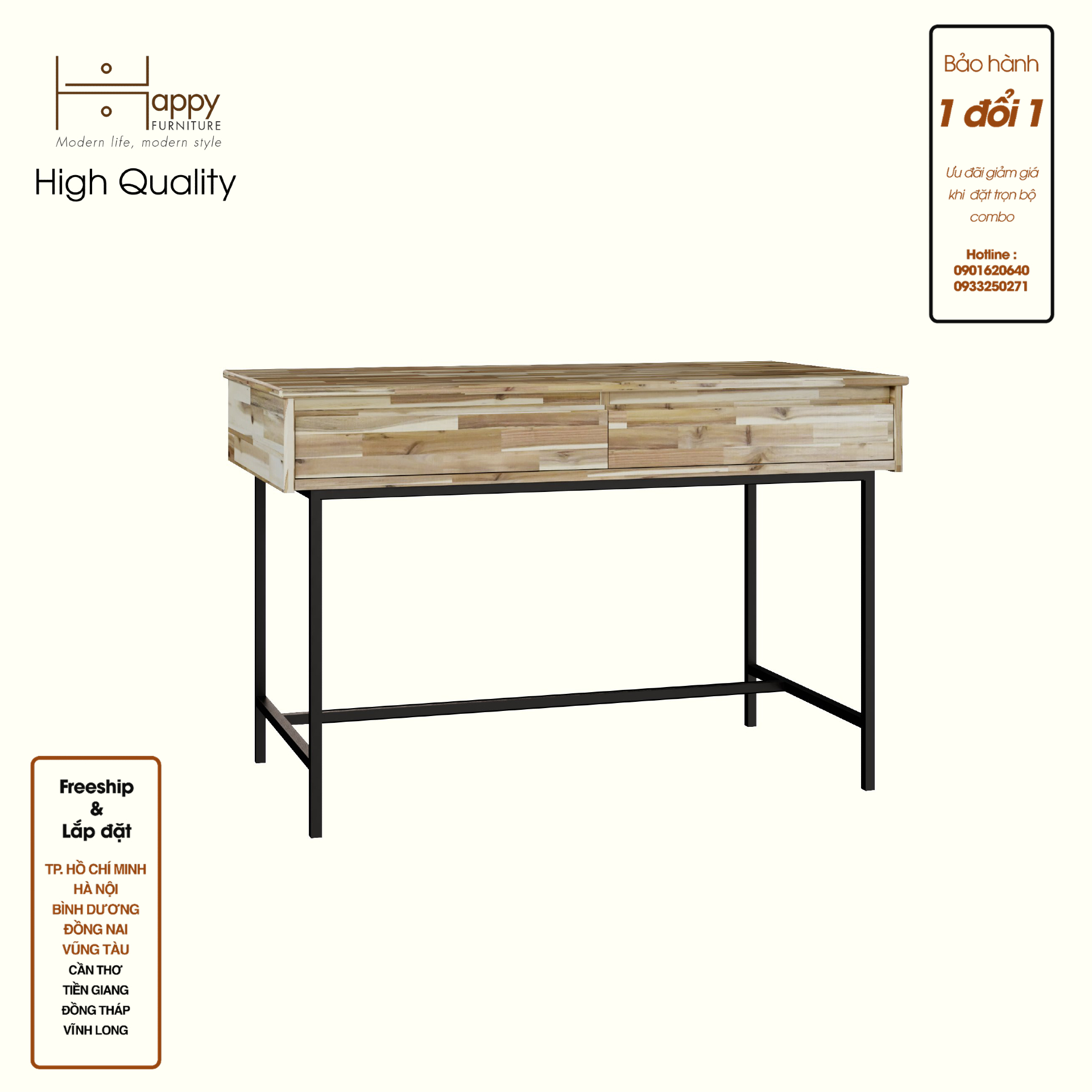 HAPPY FURNITURE , Gỗ tự nhiên , Bàn làm việc 2 ngăn kéo - GALI , BAN_095 , 120cm x 60cm x 78cm