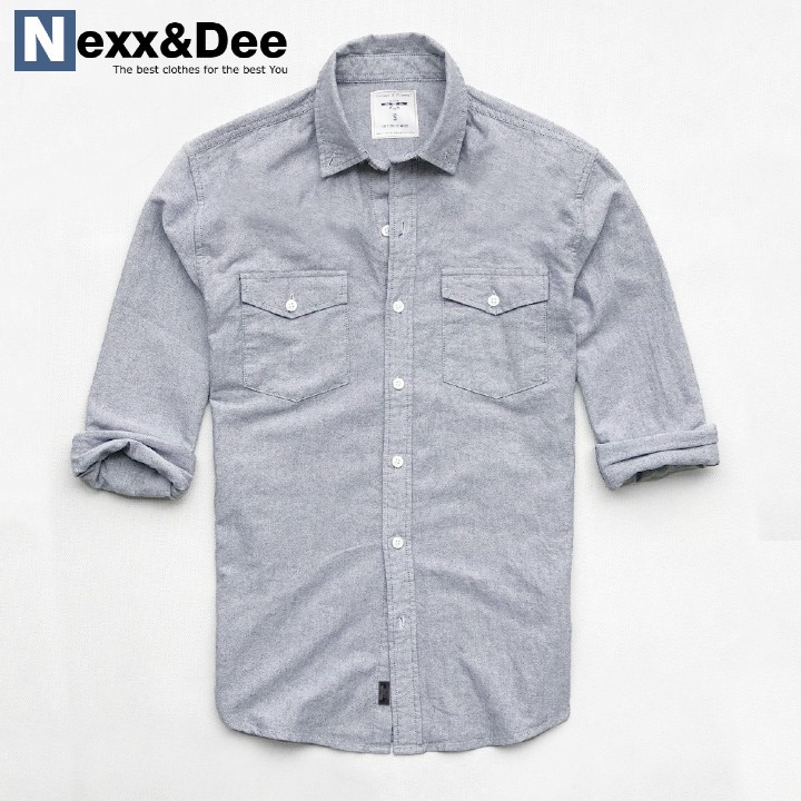 Áo sơ mi nam tay dài hai túi công sở màu trắng vải oxford denim cao cấp NS035