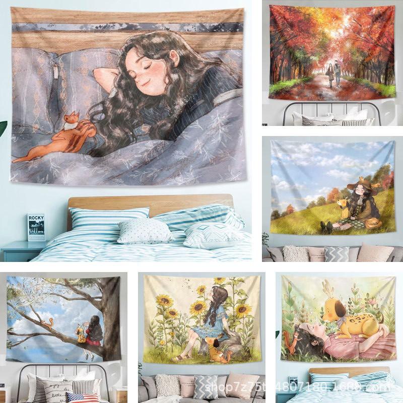 Tranh vải treo tường trang trí phòng, thảm decor hình cô gái siêu dễ thương