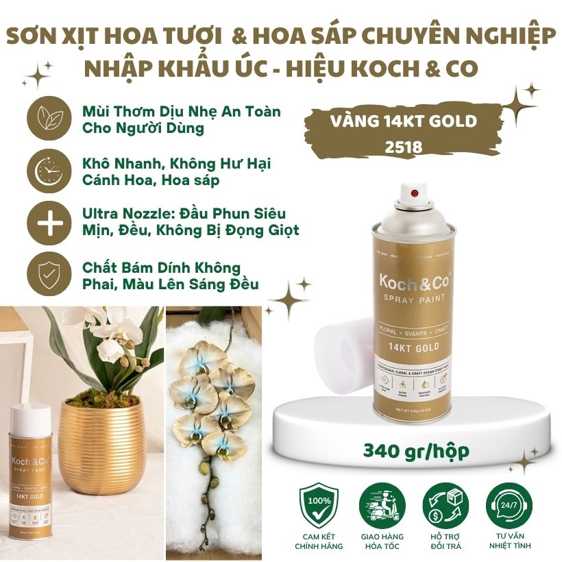 Sơn Xịt Hoa Tươi Màu Vàng 14KT Gold Cao Cấp (Vàng 9999) Nhập Khẩu Úc - Ánh Vàng sang trọng, đẳng cấp - vòi phun siêu mịn, khô nhanh, mùi thơm dịu nhẹ
