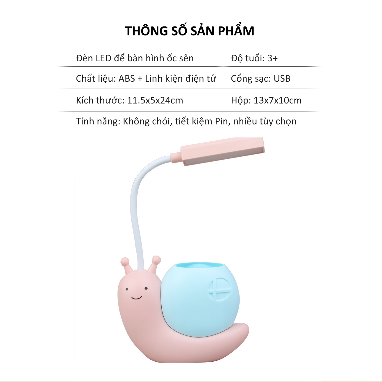 Đèn học để bàn trang trí hình ốc sên, sạc USB - K1617