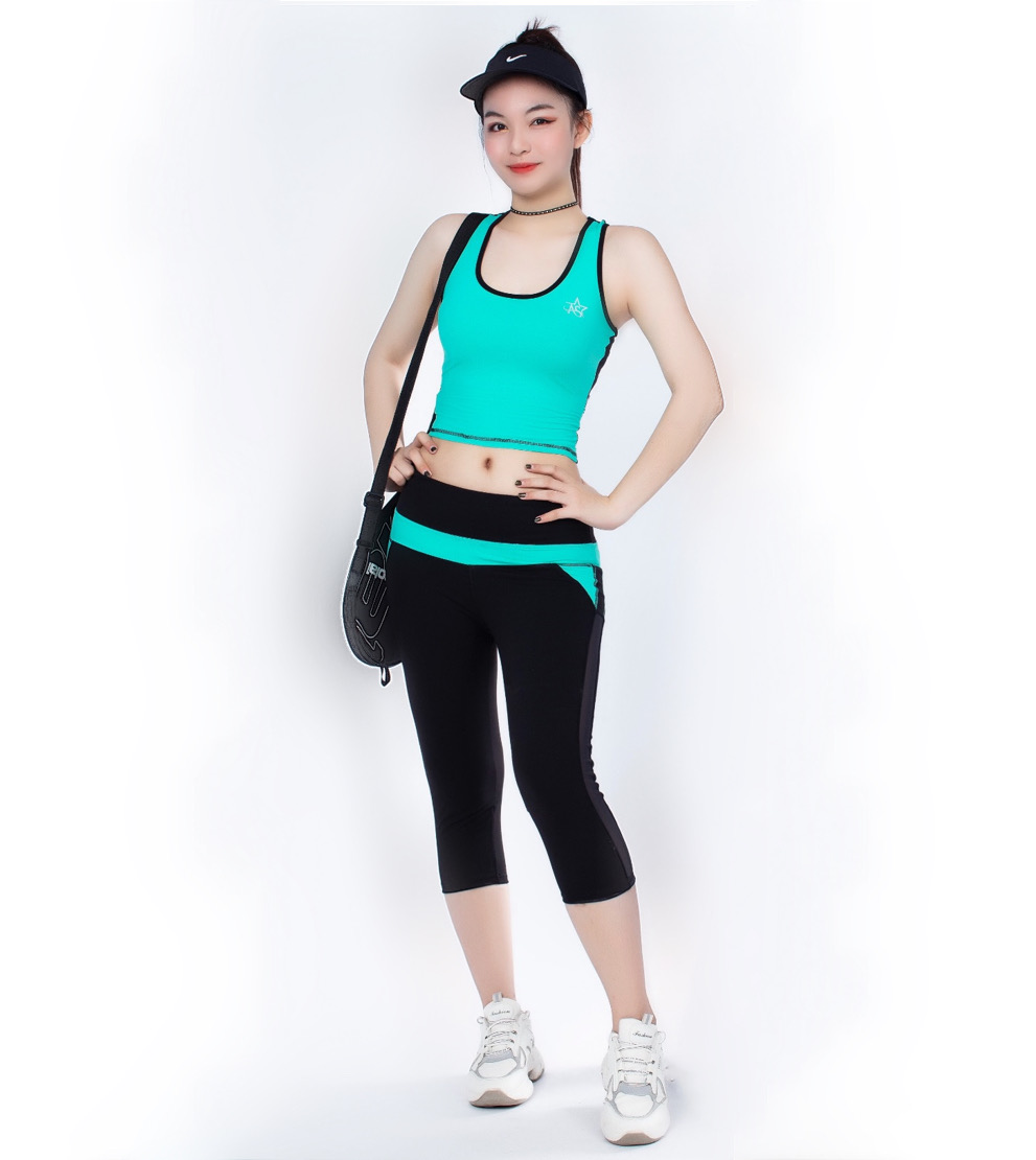 Bộ thể thao quần lửng phối lưới áo croptop cao cấp Xanh ngọc - DL515