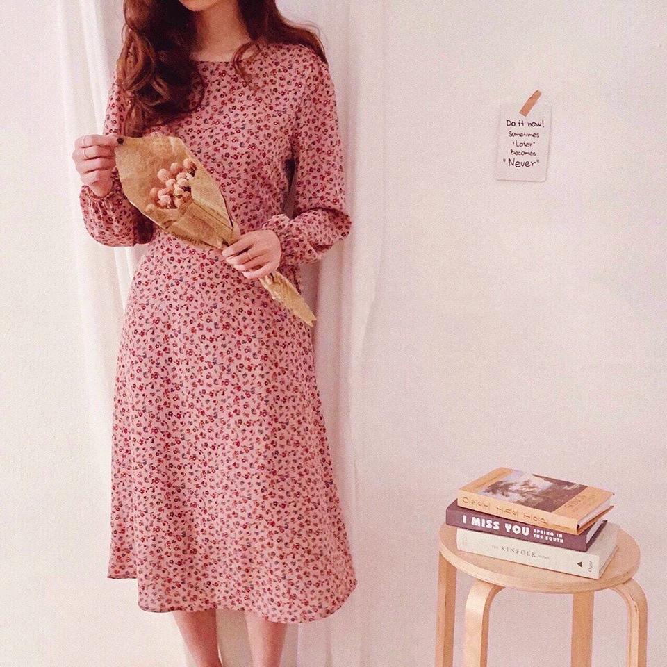 VÁY VINTAGE CỔ TRÒN TAY DÀI, Đầm công sở Quảng Châu màu hồng