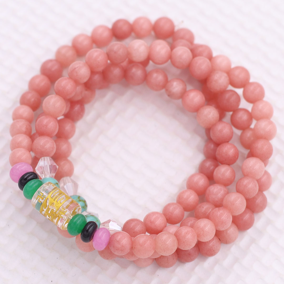 Vòng chuỗi 108 hạt đá thạch anh hống đào charm lục tự chân ngôn - hạt 8 ly , vòng chuỗi niệm Phật, vòng chuỗi đeo tay