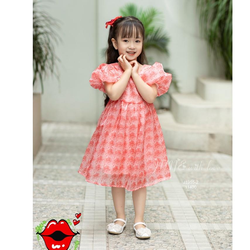 Đầm babydoll hoa hồng cho bé gái tay phồng phong cách Hàn Quốc từ 12-35kg chất vải tơ mềm mát