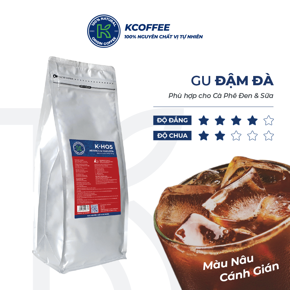 Cà phê hạt rang K Coffee 100% Robusta Arabica nguyên chất cà phê đậm vị K-HO5 (1000g/Túi)