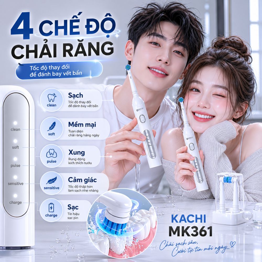 Bàn chải điện đầu xoay tròn Kachi MK361 kèm đế sạc không dây và 2 đầu bàn chải