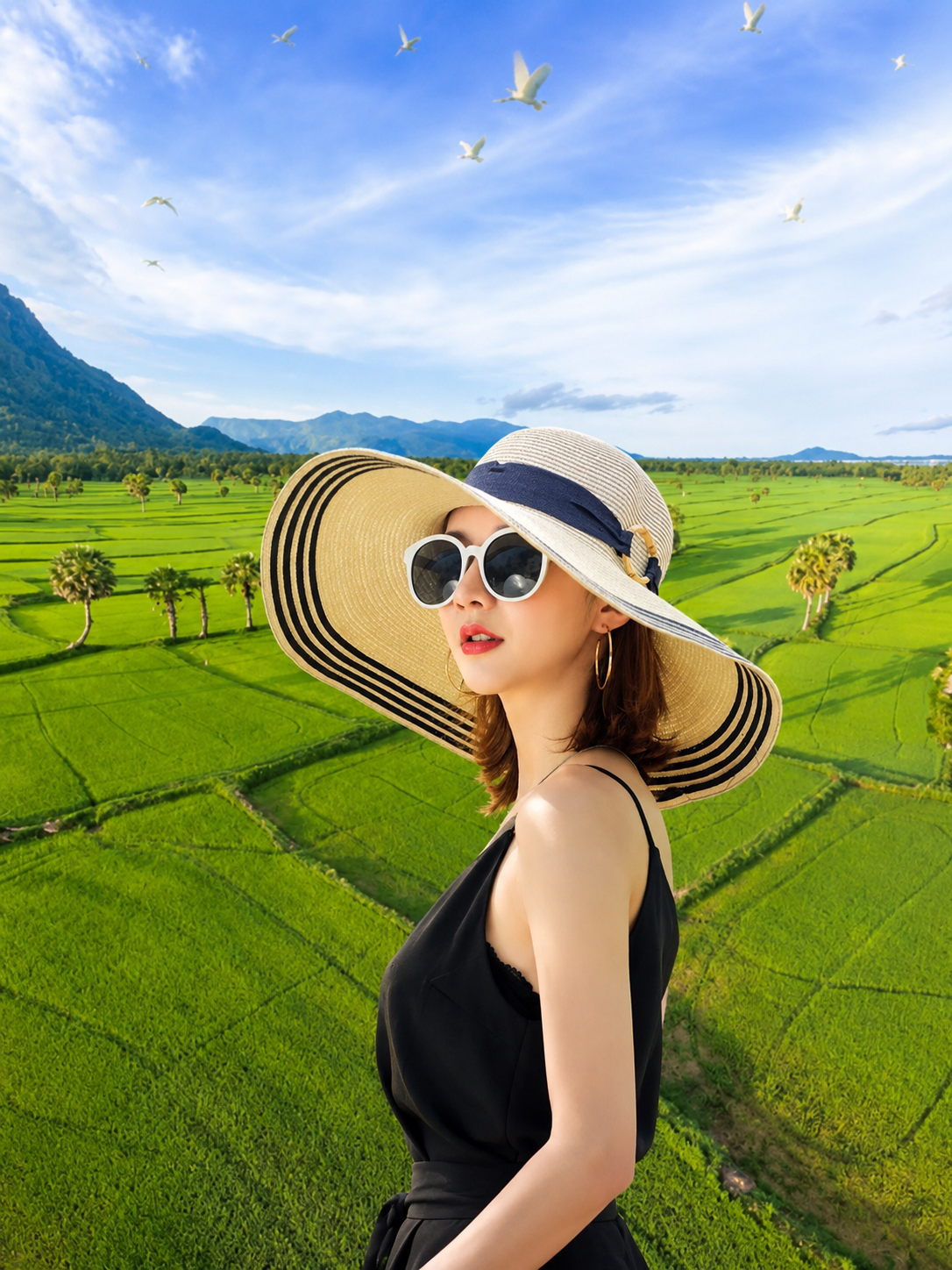 Mũ đi biển cho nữ phối viền sọc, nón nữ vành rộng du lịch dã ngoại chống nắng chụp hình xinh thời trang Korea  dona270626