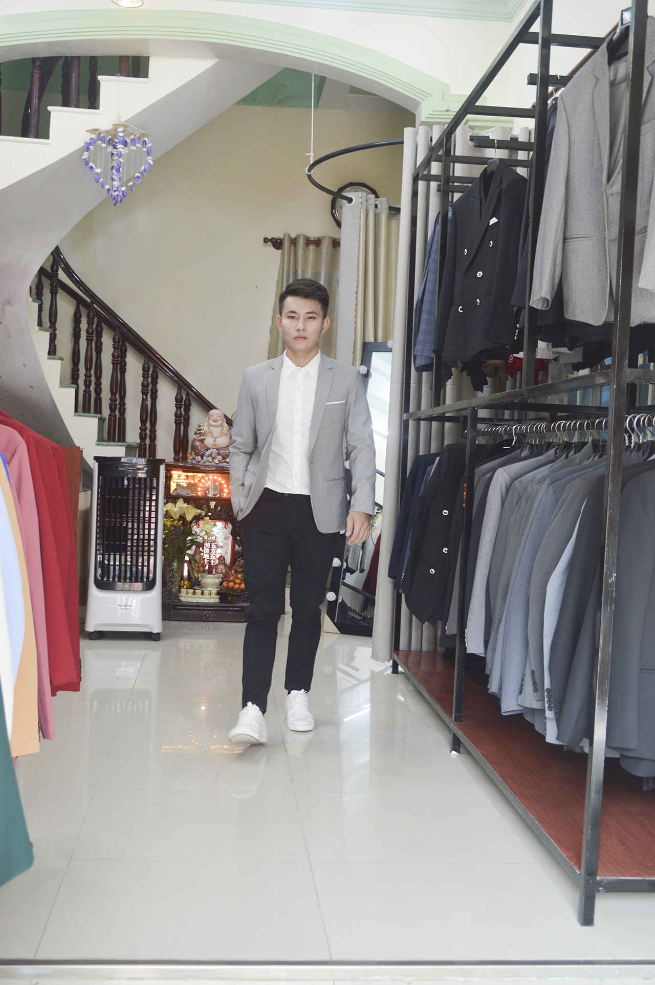 Áo vest nam 1 nút màu xám chấm nhí đen chất liệu co dãn thoáng mát