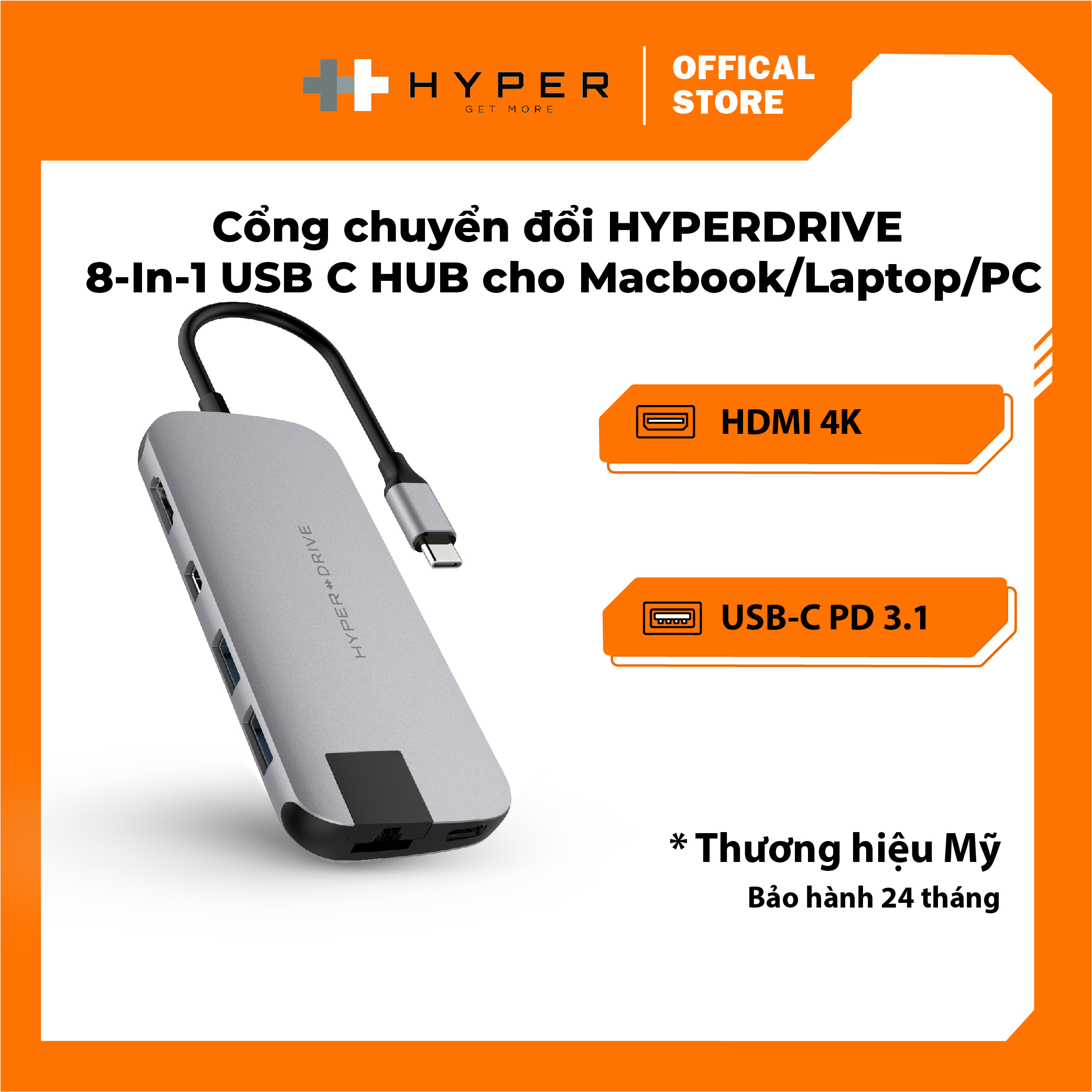 CỔNG CHUYỂN HYPERDRIVE SLIM 8 IN 1 USB-C HUB FOR MACBOOK, SURFACE, PC &amp; DEVICES – HD247B - HÀNG CHÍNH HÃNG