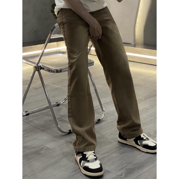 Quần jeans ống rộng jean nam nâu phối loang trắng